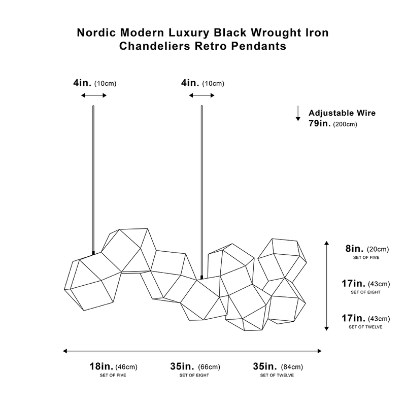 Lustre nordique moderne de luxe en fer forgé noir, pendentifs rétro